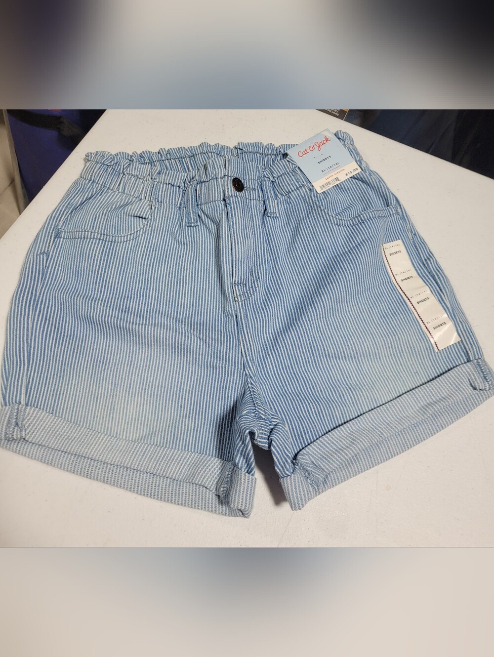Cat & Jack Light Blue and White Striped Paperbag Waist Shorts